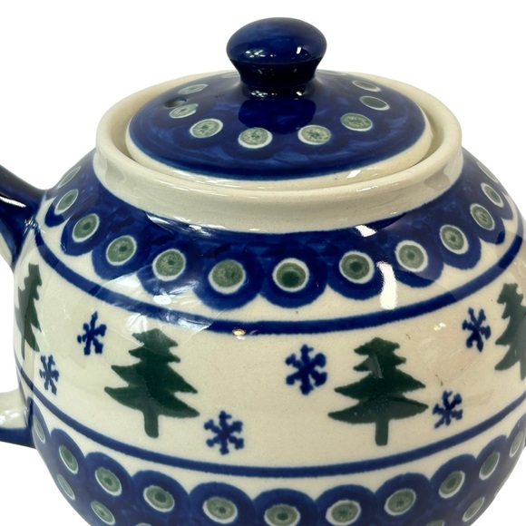 Boleslawiec Polish Pottery Teapot with Lid Pine Trees Snowflakes Poland EUC - Picture 4 of 10